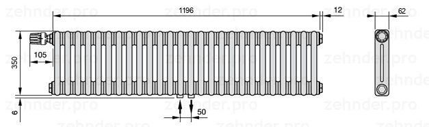 Схема (чертеж) Радиатор Zehnder Charleston 2035/26 №V007 Белый глянцевый RAL 9016